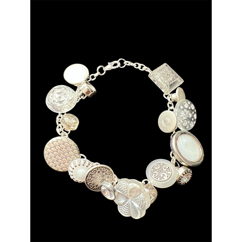 Vintage Button‎ Charm Bracelet: White, Clear, and Silver Buttons - 8.5 Inch